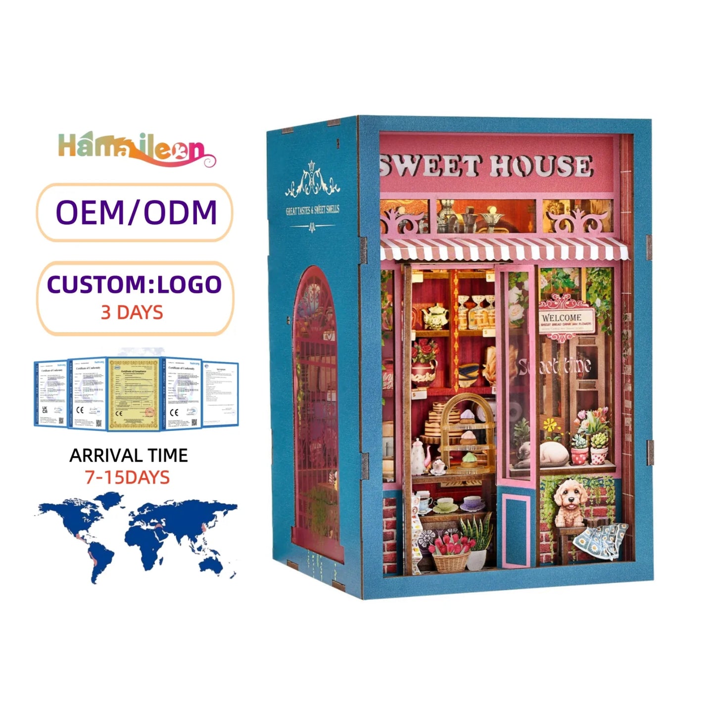 Hamaileon DIY Miniature Dollhouse with Lights Bookshelf Insert 3D Wooden Puzzle Decor Model Sweet House Gift Set Book Nook