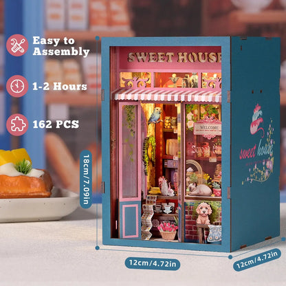 Hamaileon DIY Miniature Dollhouse with Lights Bookshelf Insert 3D Wooden Puzzle Decor Model Sweet House Gift Set Book Nook